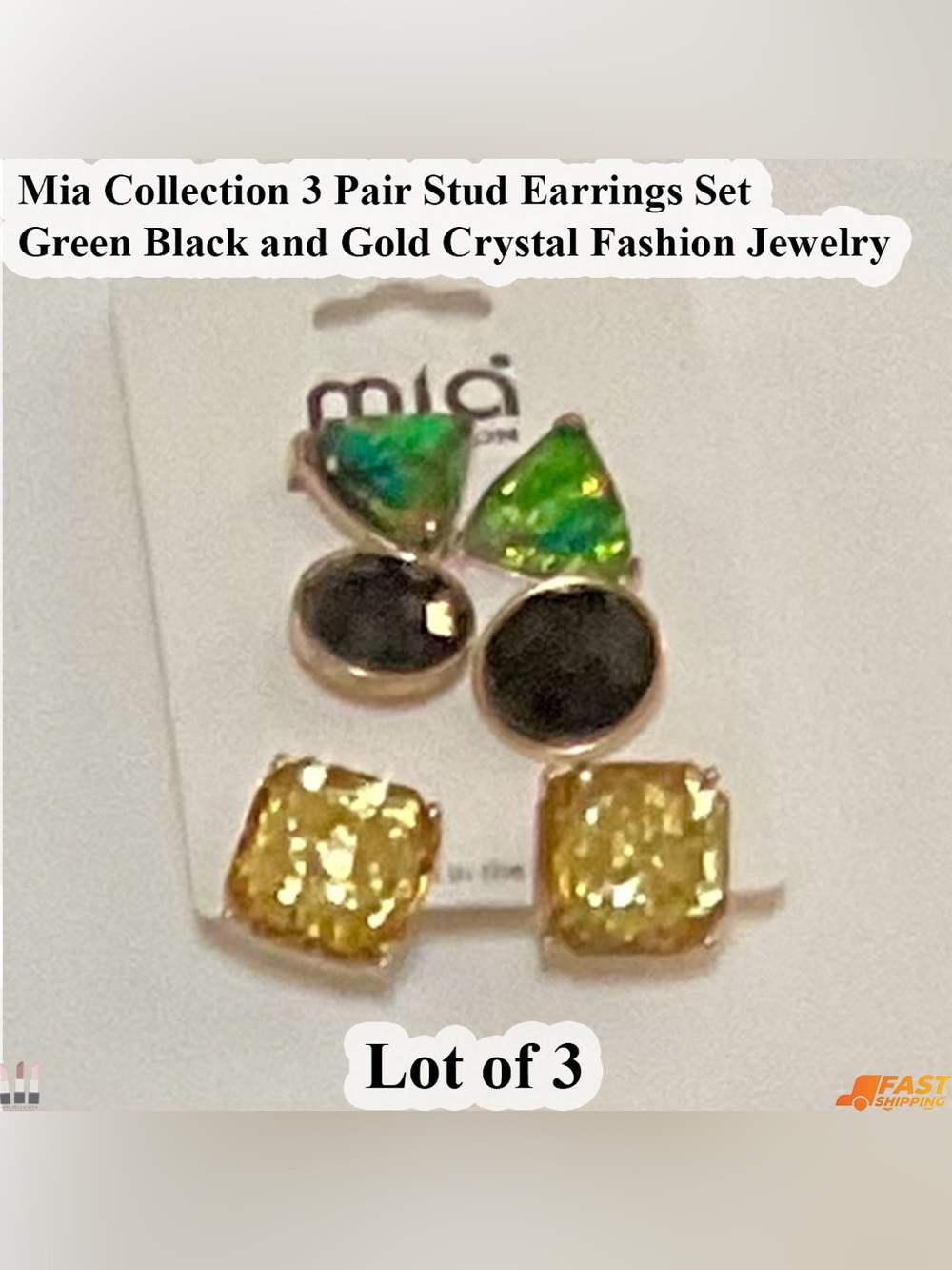 MIA 3-Pair Stud Earring Set - Green, Black, Gold